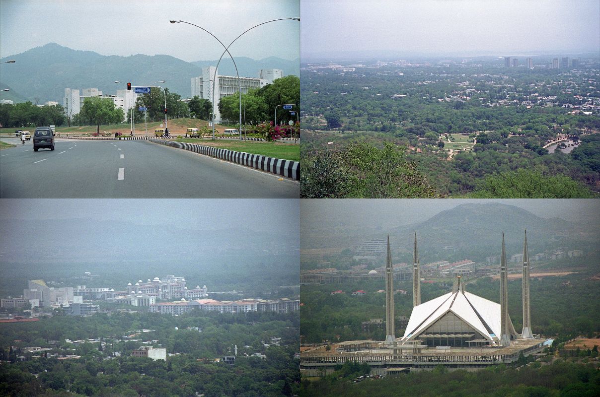 02 Islamabad Modern Buildings, Daman-e-Koh Panoramic View of Islamabad And Shah Faisal Mosque Islamabad, the capital of Pakistan, is located against the backdrop of Margalla Hills at the northern edge of Potohar Plateau. The word �Islamabad� is Persian for �inhabited by Islam�. In contrast to its twin city Rawalpindi, it is lush green, spacious and peaceful. We drove by some of modern buildings in Islamabad, went through a trek briefing at the ministry of Tourism, and then drove up to the 1100m low hill over looking Islamabad, known as Daman-e-Koh to get a panoramic hazy view of Islamabad, including the Shah Faisal Mosque.
